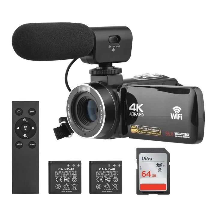 Camera Video MOSMAOO®, 4K Ultra HD, 3.0", 56MP, 18 x zoom, 64GB SD Card, Negru