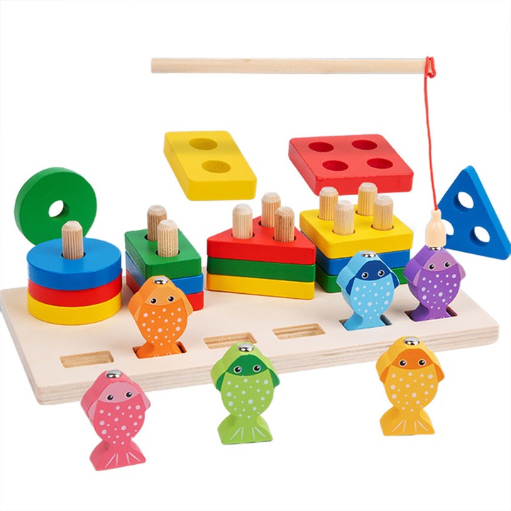 Montessori oktatási játék 2 az 1-ben, Sorter 4 sokszínű geometriai formával, mágneses horgászat, Fishing Four Post