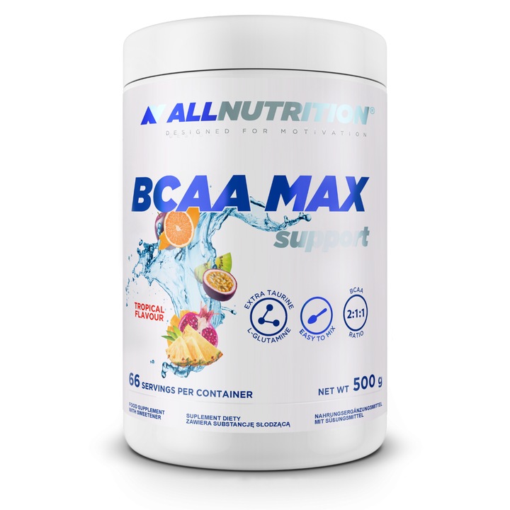 Supliment alimentar, Amino acizi, ALLNUTRITION BCAA Max Support, 500g, aroma Fructe Tropical, aminoacizi BCAA pulbere, l-glutamina, taurina