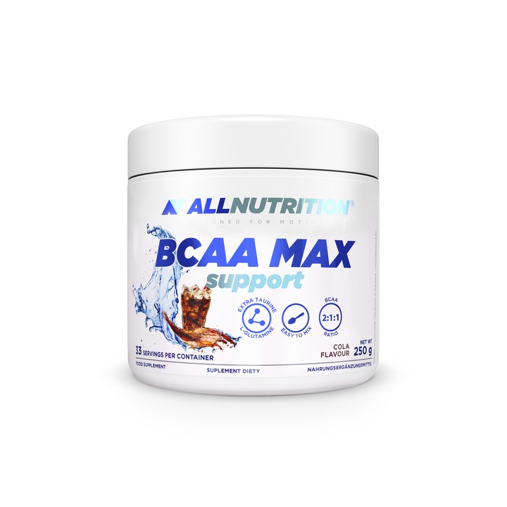 Supliment alimentar, Amino acizi, ALLNUTRITION BCAA Max Support, 250g, aroma Cola, aminoacizi BCAA pulbere, l-glutamina, taurina