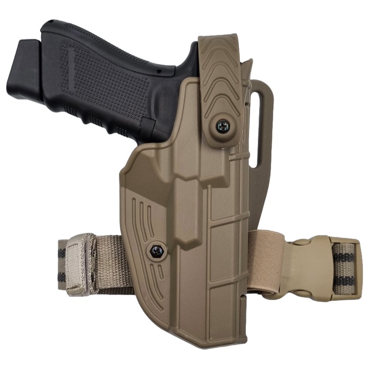 Toc pentru pistol AKAR DUTY MidRide / HighRide Lvl. II, compatibil GLOCK 17/19/45, din polimer, pentru mana dreapta, coyote, desert, platforma de picior, platforma de centura