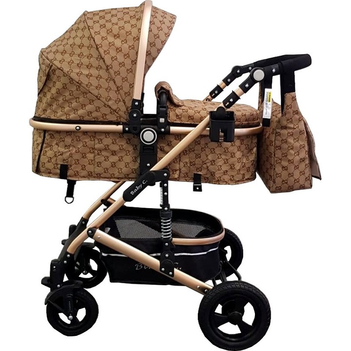 Количка за новородени 2 в 1 Baby Care™ PRO 531, С бебешка чанта, Златиста алуминиева рамка, Амортисьори, AVE твърди гумени колела, 3-степенна регулируема облегалка, Мрежа против насекоми, Кафява с щампа Bambucci