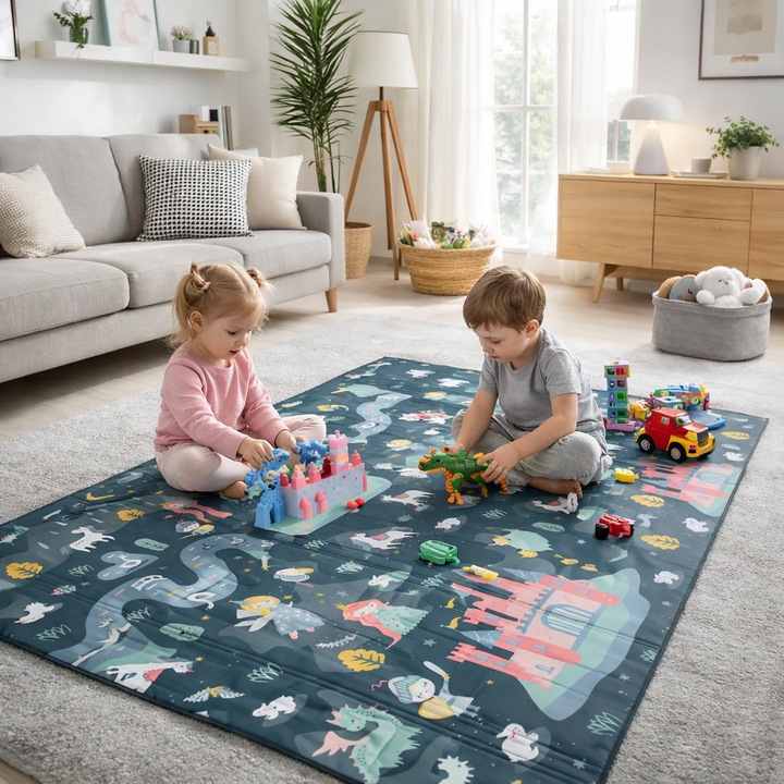 Covoras pliabil First Steps ideal STORE, Cu doua fete, Din spuma de inalta calitate Dimensiune 200 X 150 X 1, Sistem antialunecare, Imprimeuri calde atat pentru fetite cat si pentru baietei, Usor de intretinut, Asigura izolare termica fata de sol