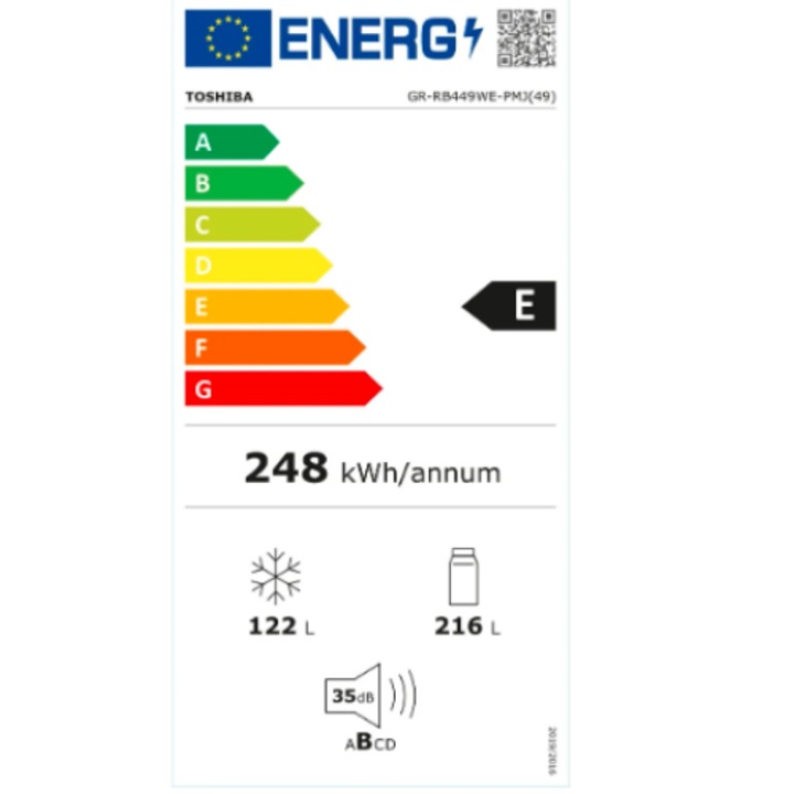 Combina frigorifica Toshiba GR-RB449WE-PMJ49, No Frost, 338 litri, clasa E, 185.8 cm, tehnologie Origin Inverter, Alloy Cooling, ecran LED, usi reversibile, Argintiu