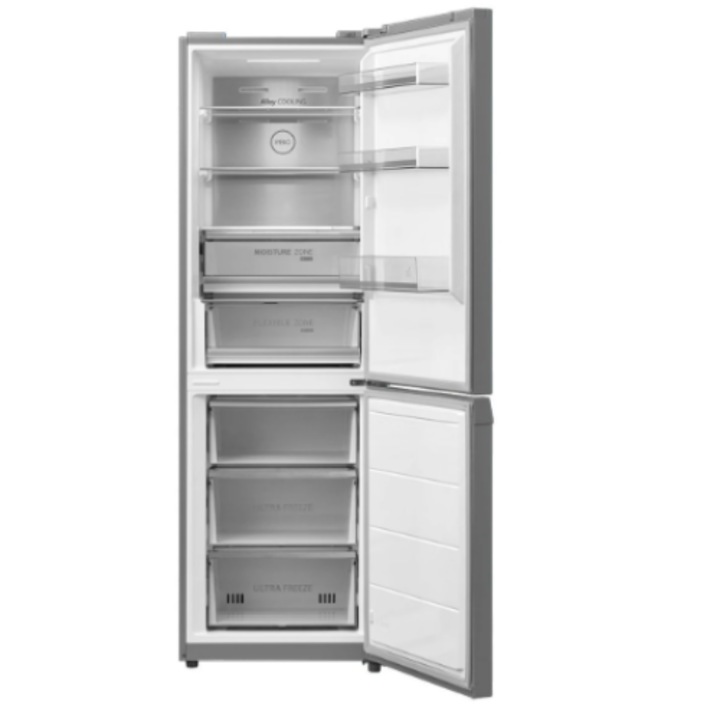 Combina frigorifica Toshiba GR-RB449WE-PMJ49, No Frost, 338 litri, clasa E, 185.8 cm, tehnologie Origin Inverter, Alloy Cooling, ecran LED, usi reversibile, Argintiu