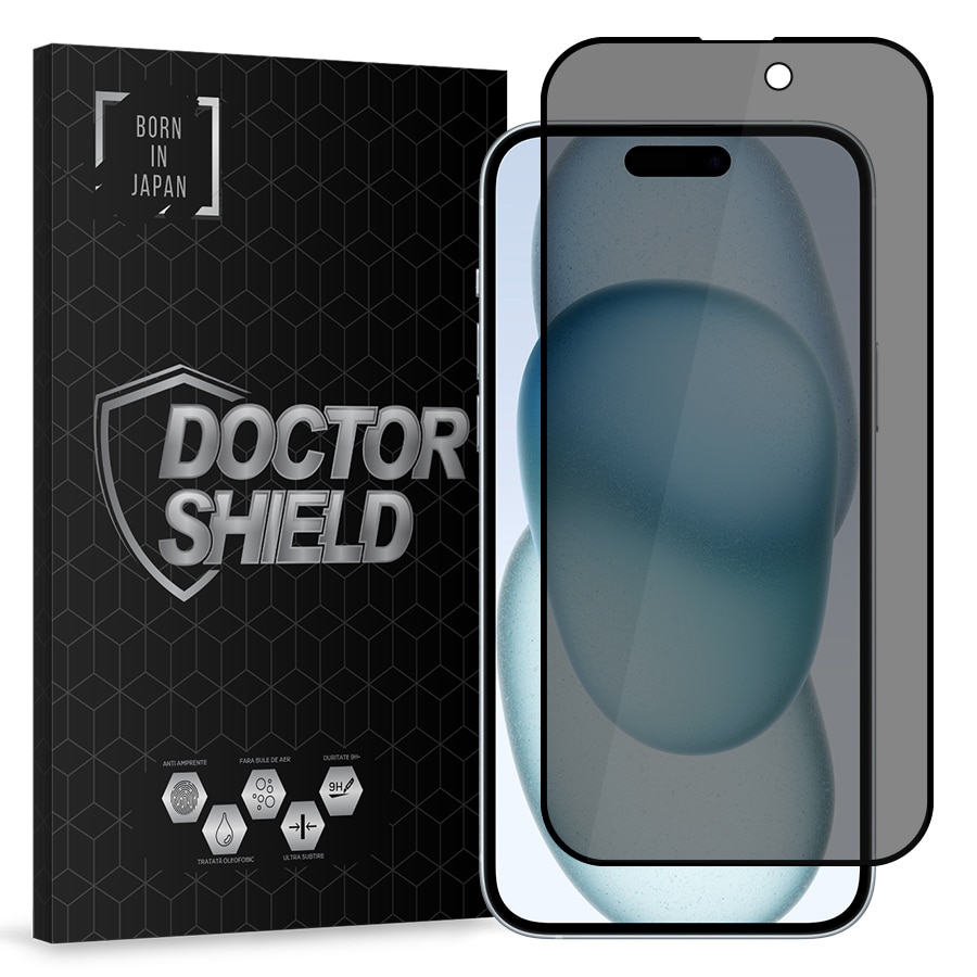 Folie Sticla Dr.Shield, Compatibil Apple iPhone 15 Plus, Protectie Profesionala 3D, Full Cover, Model Privacy
