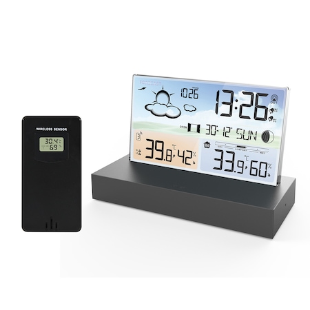 Statie Meteo Profesionala fara Fir LuxeDenar®, Senzor Exterior, Presiune Barometrica, Prognoza Meteo, Nivel de confort, Masurare Umiditate si Temperatura interioara/exterioara, Senzor Baterie, Ceas cu Doua Alarme, Raza 60 m, Culoare Gri