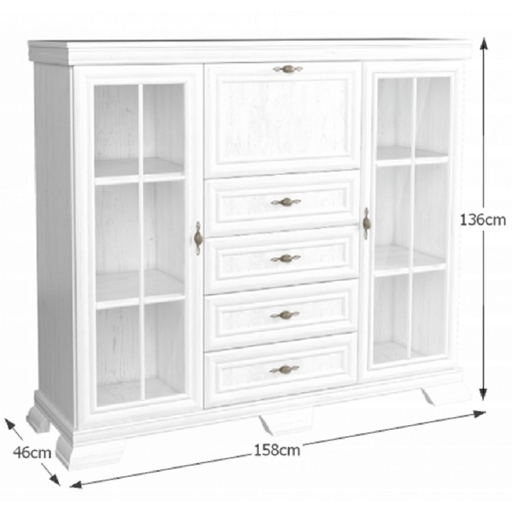 Vitrina living VM7, 3 usi, 4 sertare, Alb Antichizat, 158 x 46 x 136 cm