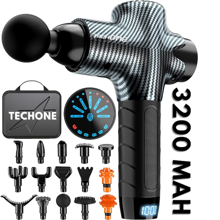 Aparat Pentru Masaj Profesional Tip Pistol Techone® Master Pro Y8, 15 Capete Masaj, 7 viteze, 2 x Display LCD, Motor Silentios Fara Perii, 3200 Percutii, Sistem Racire, 3200mAh, Servieta Depozitare, Negru