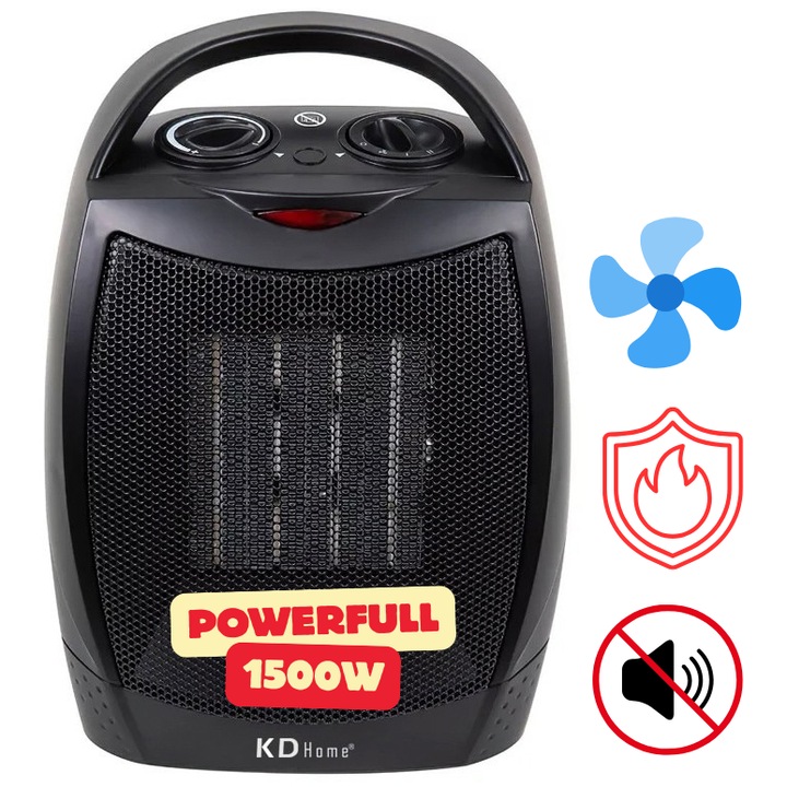 Aeroterma ceramica KD Home® Master Heater, 1500W, Termostat Reglabil, 2 Viteze, Functie Ventilator, Portabil, Siguranta Anti Cadere, Silentios, Negru