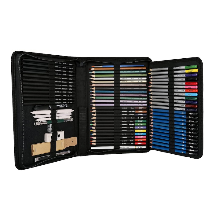 Set profesional de creioane colorate cu accesorii pentru desen si schite, NUODWELL, 72 de piese, 29, 7x20, 8x4, 3cm, portabile si usor de transportat, potrivite pentru incepatori si profesionisti, negru