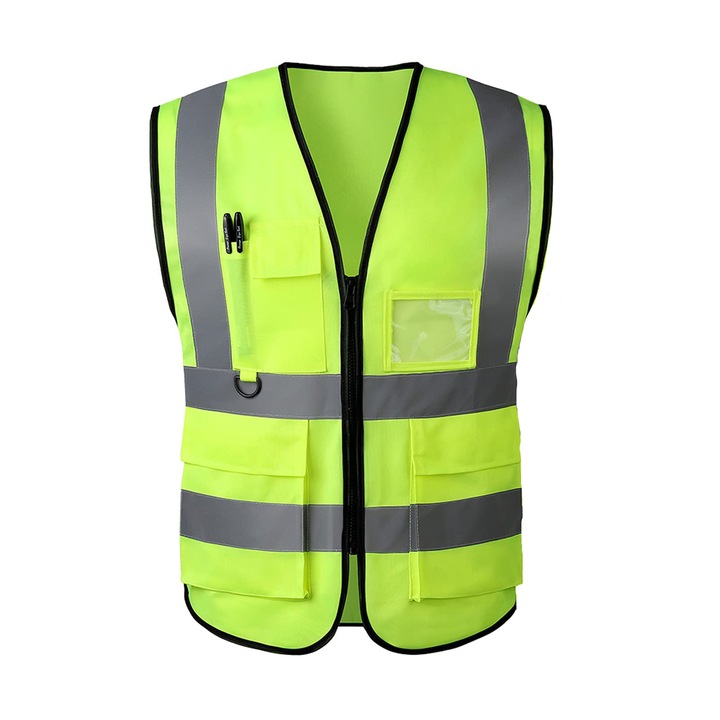Светлоотразителна жилетка с ISA джобове, NUODWELL, 120g трикотаж, висока видимост, унисекс, с цип, съвместима с ANSI, дишаща и удобна, XL размер, жълта