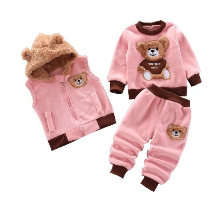 Compleu Copii 3 Piese, Unisex, Pentru Toamna-Iarna, Din Plus Moale cu Ursulet 3D, - Bluza, Pantaloni si Vesta Pufoasa cu Gluga, 110 CM, Roz, Madette Line
