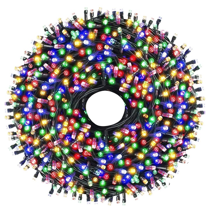 Instalatie de Craciun Liniara Teno®, 30 m, 8 jocuri de lumini, alimentare la priza, interior/exterior, rezistenta la apa, 150 LED-uri, multicolor