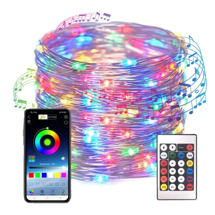 Instalatie Smart LED, RGB pentru Craciun cu Telecomanda si Sincronizare Muzicala, Rezistent la Apa, Conectare USB, 10m, Multicolor, SONORH®