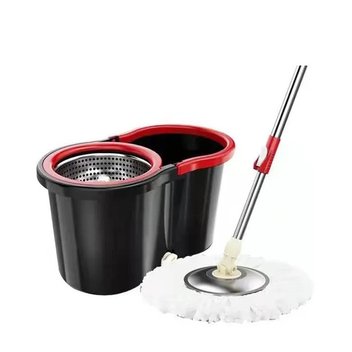 Set mop rotativ cu galeata rezistenta, dop scurgere, vas detasabil, orificiu pentru solutie, capacitate 8 l, Negru - Rosu