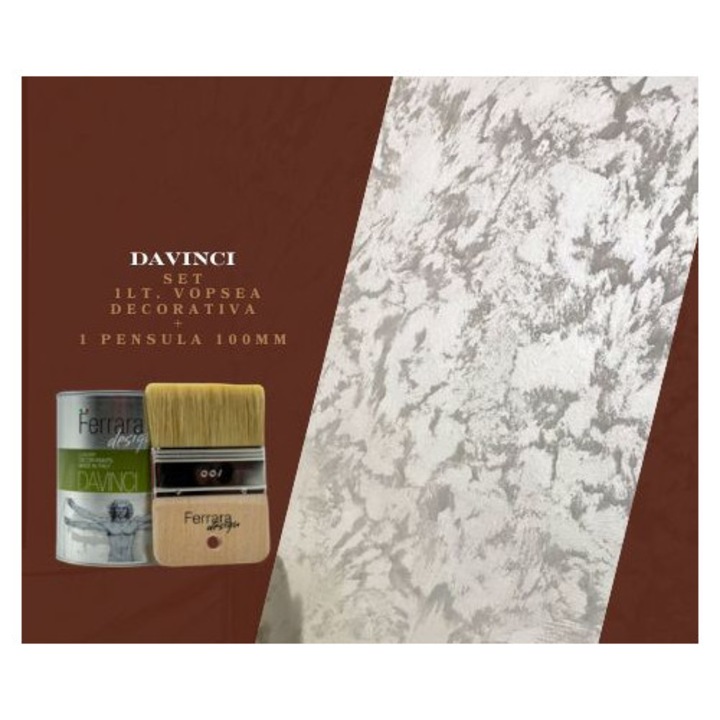 Set de 2 buc, vopsea decorativa Davinci argintiu 1l si 1 buc pensula Ferrara Design 100mm