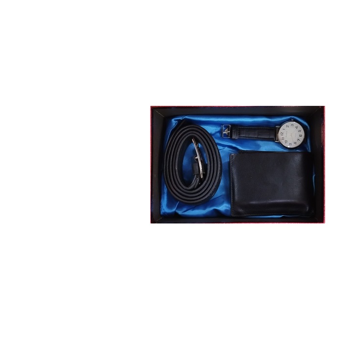 Set gas-2 negru pentru barbati portofel si ceas quartz si curea 140 cm