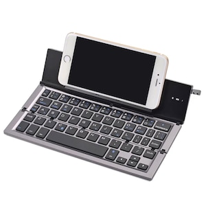 Mini Tastatura Portabila, PRINTERY®, Pliabila, cu Suport pentru Tablete si Telefoane, conectivitate Bluetooth, Conexiune Simultana pe 2 Dispozitive, Compatibila cu Android / iOS / Windows din aliaj de aluminiu, Design Minimalist, Gri