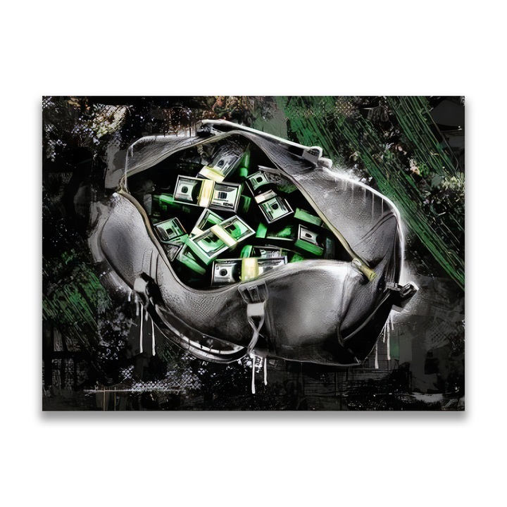 Първокласна картина на платно LuxCanva® A1154, Зелени пари, 40 X 55 CM, 100% памучно платно 400g/m2, Дървена рамка, Парични средства, Долари, Чанта, Живи цветове