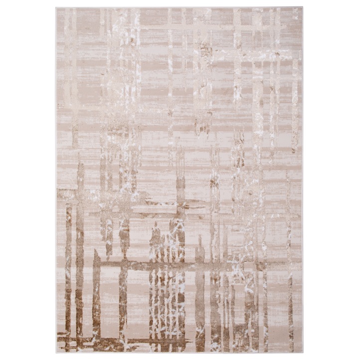 Covor, Tapiso, Crystal, 140 x 200 cm, Efect 3D, Certificare OEKO-TEX, Rezistenta La Pete, Lavabil, Rezistenta UV, Antiderapant, Fir Scurt 8 mm, Dreptunghi, Abstract, Polipropilena, Crem/Bej/Maro Inchis