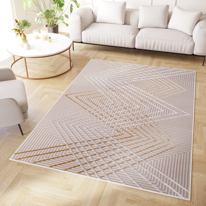 Covor, Tapiso, Crystal, 160 x 220 cm, Efect 3D, Certificare OEKO-TEX, Rezistenta La Pete, Lavabil, Rezistenta UV, Antiderapant, Fir Scurt 8 mm, Dreptunghi, Geometric, Polipropilena, Alb/Bej/Auriu/Crem