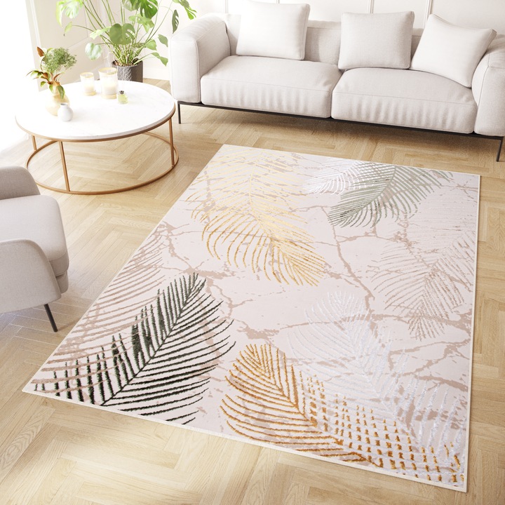 Covor, Tapiso, Crystal, 120 x 170 cm, Efect 3D, Certificare OEKO-TEX, Rezistenta La Pete, Lavabil, Rezistenta UV, Antiderapant, Fir Scurt 8 mm, Dreptunghi, Floral, Polipropilena, Crem/Bej/Auriu/Verde/Maro