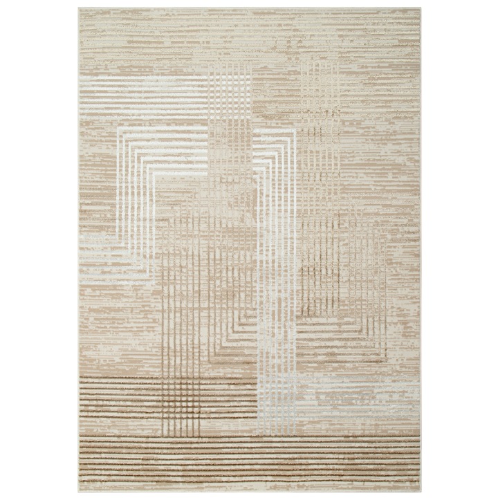 Covor, Tapiso, Crystal, 140 x 200 cm, Efect 3D, Certificare OEKO-TEX, Rezistenta La Pete, Lavabil, Rezistenta UV, Antiderapant, Fir Scurt 8 mm, Dreptunghi, Geometric, Polipropilena, Bej/Maro Inchis/Crem/Alb