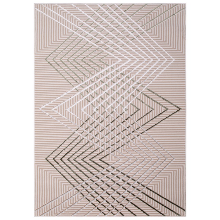 Covor, Tapiso, Crystal, 200 x 300 cm, Efect 3D, Certificare OEKO-TEX, Rezistenta La Pete, Lavabil, Rezistenta UV, Antiderapant, Fir Scurt 8 mm, Dreptunghi, Geometric, Polipropilena, Alb/Bej/Crem/Verde Inchis
