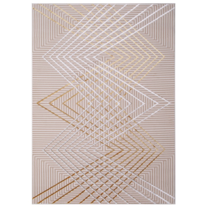 Covor, Tapiso, Crystal, 160 x 220 cm, Efect 3D, Certificare OEKO-TEX, Rezistenta La Pete, Lavabil, Rezistenta UV, Antiderapant, Fir Scurt 8 mm, Dreptunghi, Geometric, Polipropilena, Alb/Bej/Auriu/Crem