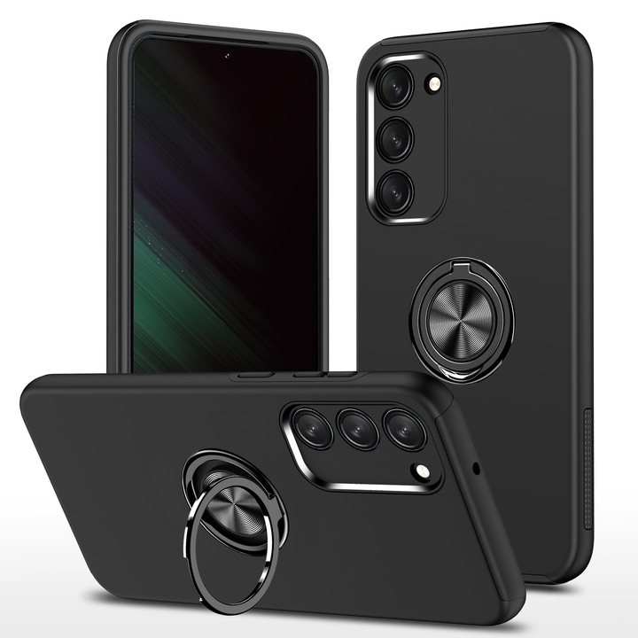 Husa de protectie pentru Samsung Galaxy S23 Ultra, Hybrid Antisoc, Kickstand, Bumper inel rotativ 360, Negru