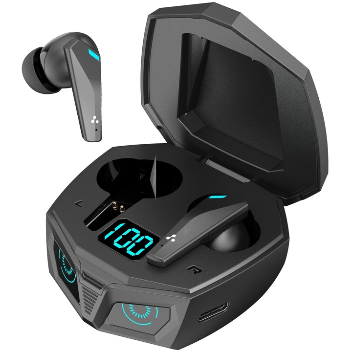 Безжични аудио слушалки Vala® P50 TWS, безжични, Bluetooth 5.3, HD микрофон, HiFi бас, сензорно управление, цифров дисплей, функция за премахване на шума, технология ANPX-ENC, водоустойчив, магнитен калъф, цвят черен