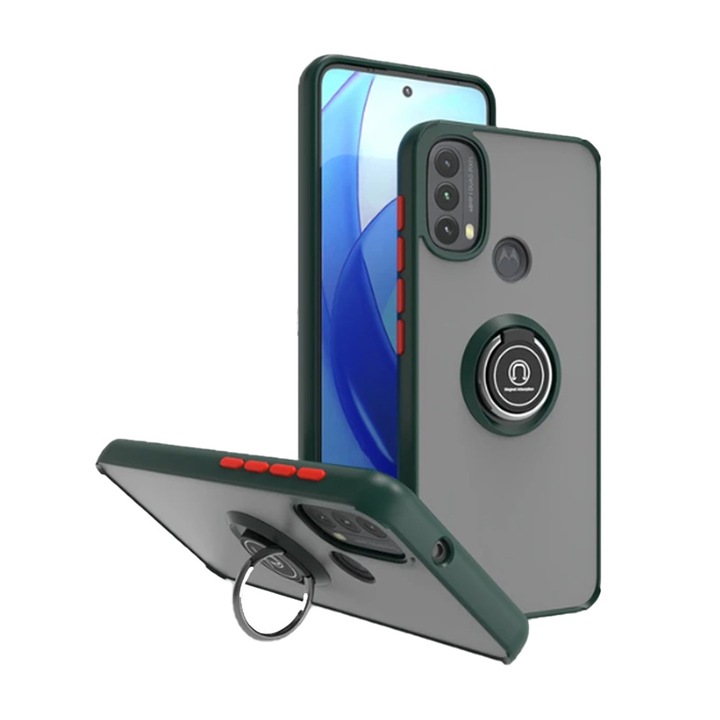 Husa Matte Ring Grip, Compatibil cu Motorola Moto E20 / E30 / E40, Antisoc Armor, Inel rotativ 360 grade, Magnet suport auto incorporat, Verde Inchis