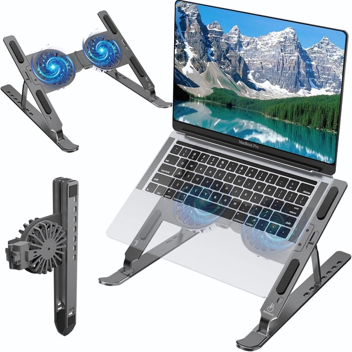 C9Pro kettős szellőzésű laptop állvány, ultra hordozható, összecsukható, 17 hüvelykig kompatibilis laptopokkal, levehető, csendes, 7 fokozatban állítható, hordtáska tartozék, alumínium, BRAGUS®, szürke