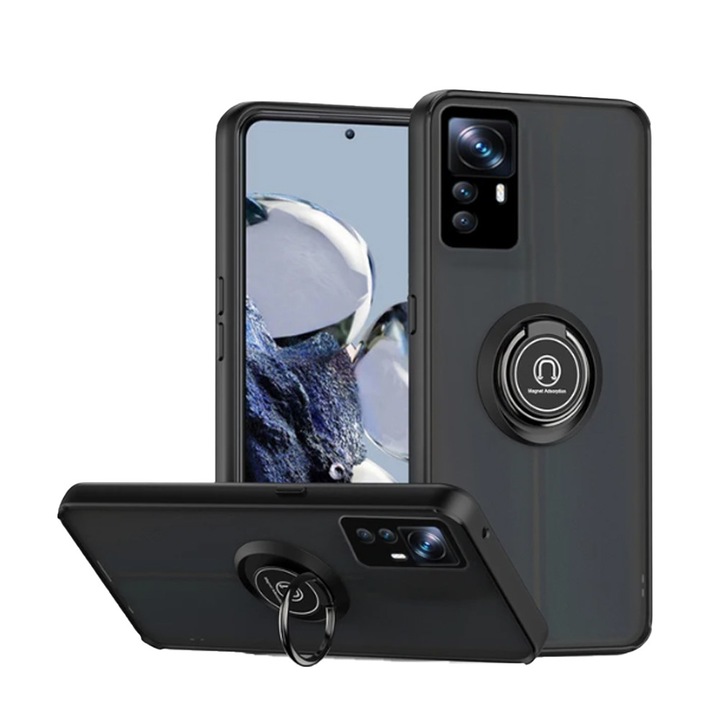 Husa Matte Ring Grip, Compatibil cu Xiaomi Redmi 12T/ 12T Pro, Antisoc Armor, Inel rotativ 360 grade, Magnet suport auto incorporat, Negru