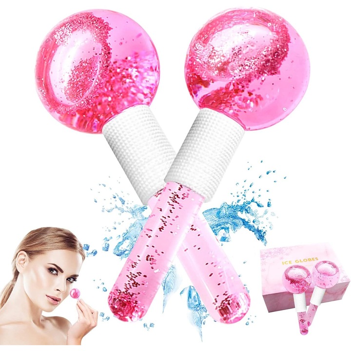 Masaj facial cu gheata, set 2 cercuri cu gheata, confort racoritor, din sticla artizanala eleganta care contin lichid rece, senzatie de racoare si revigorare - GLACIE