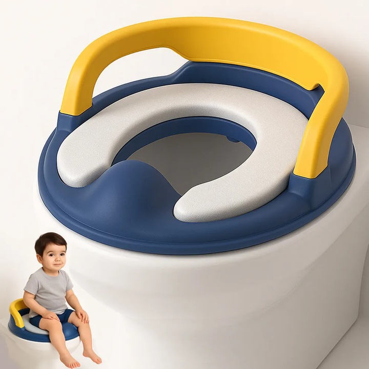 Reductor WC Copii cu Manere Linomag®, Portabil, Antiderapant, 1-8 ani, Pentru majoritatea vaselor de toaleta, Albastru Inchis / Galben