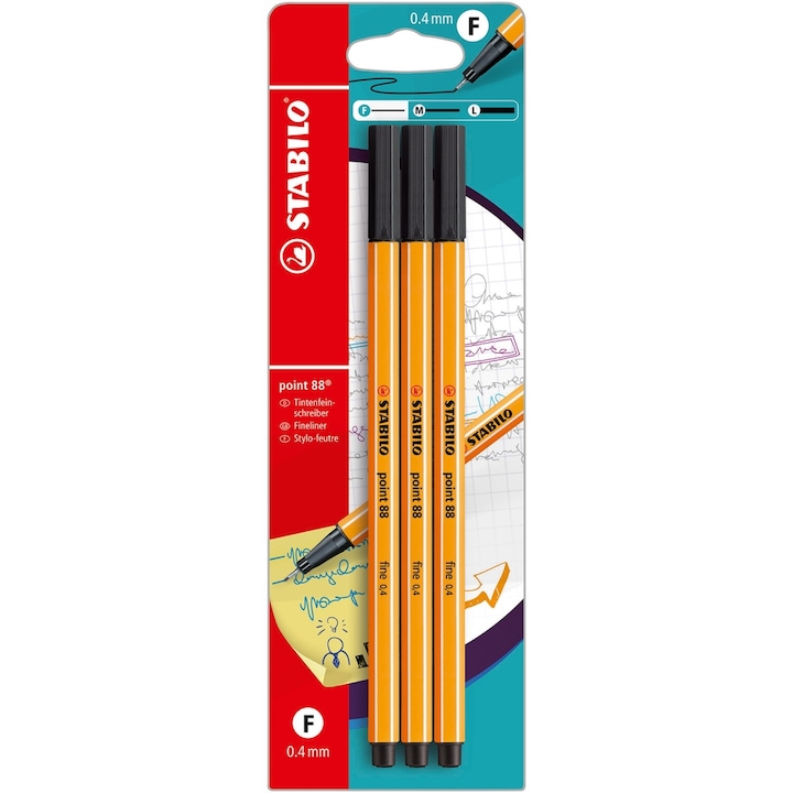 Set fineliners, Stabilo, Point 88 fine 0.4, Negru, 3 piese