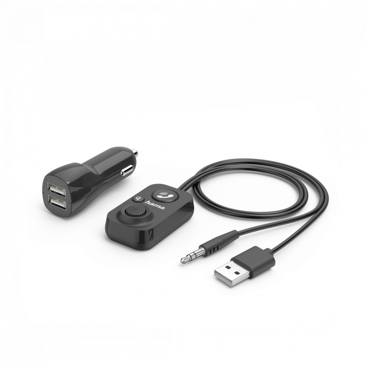 HAMA AUX-In autós Bluetooth vevő, USB töltő, 2.1 A, kihangosító, fekete
