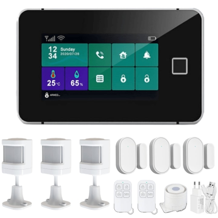 Sistem de alarma wireless IARMAC cu Amprenta, Wifi GSM, compatibil cu aplicatia Tuya Smart, 3 senzori de miscare, 3 senzori usa/geam, alerta prin SMS, apel vocal, notificare pe telefon, comunicare bidirectionala, Touchscreen, Limba Romana