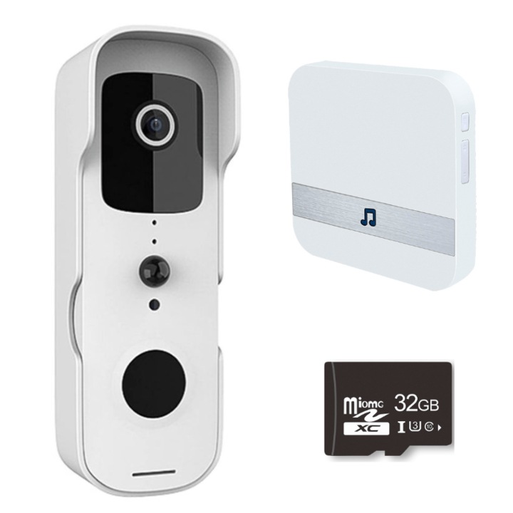 Sonerie Video inteligenta IARMAC fara fir, Wireless, Aplicatie Tuya Smart, Comunicare Bidirectionala din aplicatie, Interfon Video HD, Rezistent la apa, Night Vision, Baterii incluse, Alb