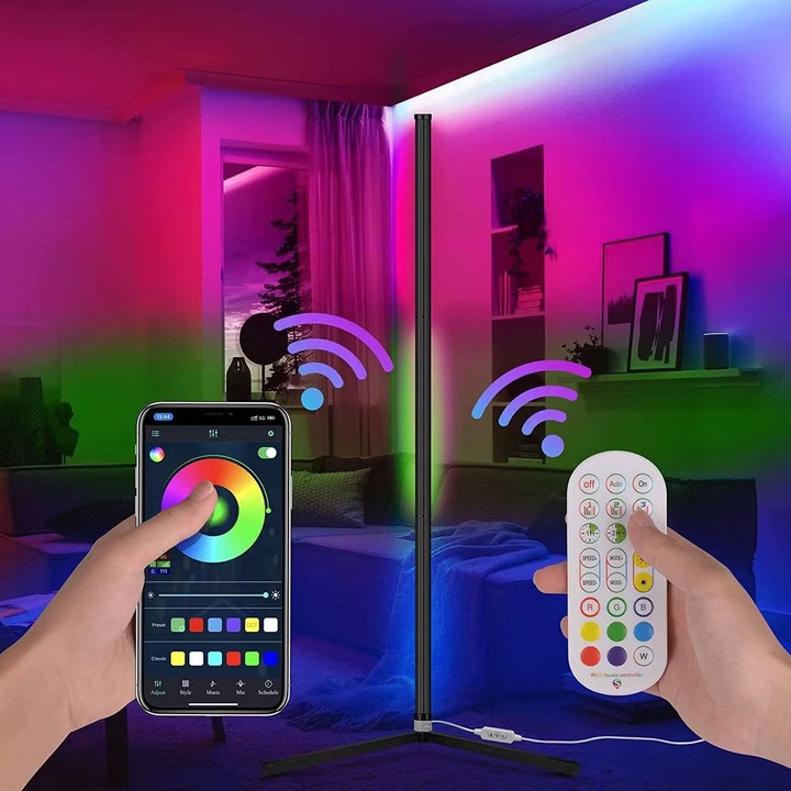 Lampa ambientala RGB de podea pentru colt, potrivita pentru dormitor sau living, APP Control, design modern, extensibila pana la 1.25 m