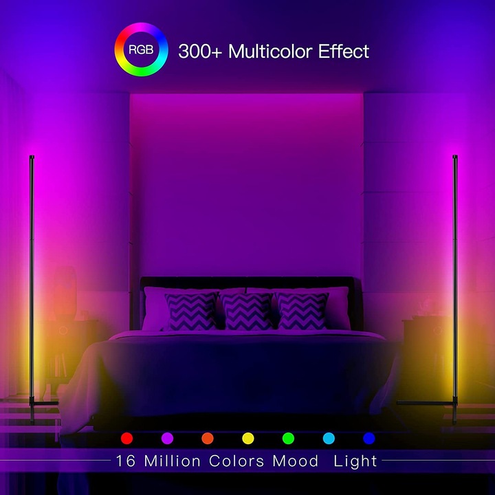 Lampa ambientala RGB de podea pentru colt, potrivita pentru dormitor sau living, APP Control, design modern, extensibila pana la 1.25 m