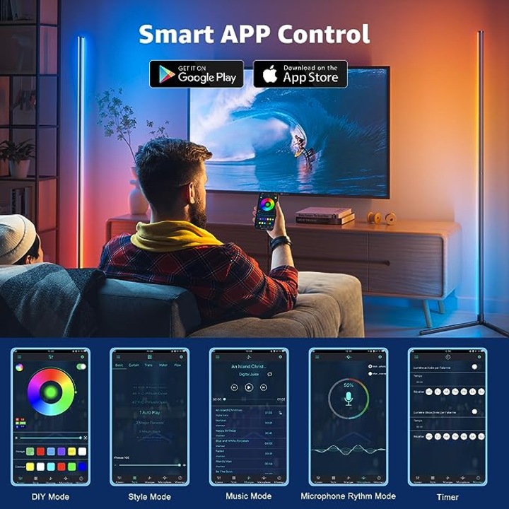 Lampa ambientala RGB de podea pentru colt, potrivita pentru dormitor sau living, APP Control, design modern, extensibila pana la 1.25 m