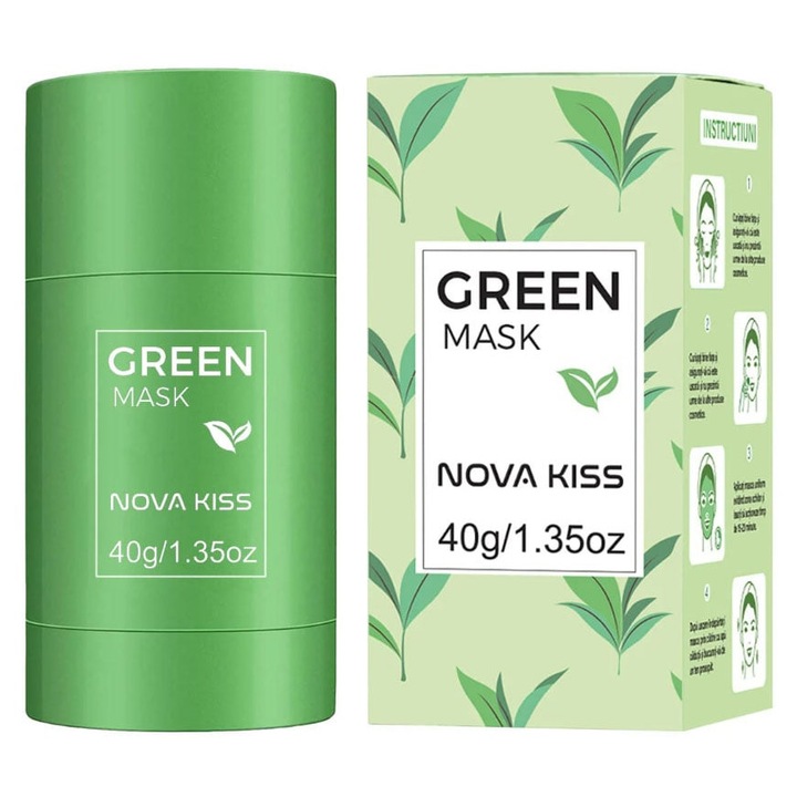 Masca stick NOVA KISS® cu extract de Ceai Verde si Argila, impotriva Acneei, Excesului de Sebum, Anti Puncte Negre, 40 g