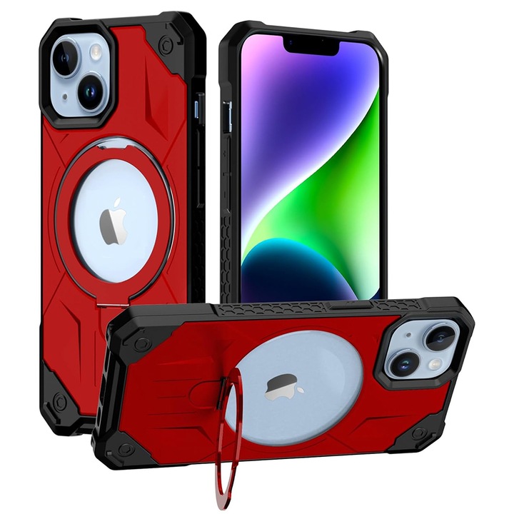 Husa Ring Stand G-Tech, Compatibila cu Apple iPhone 13, Antisoc Defender, Compatibila cu incarcarea wireless MagSafe, Functie stand, Policarbonat, Rosu