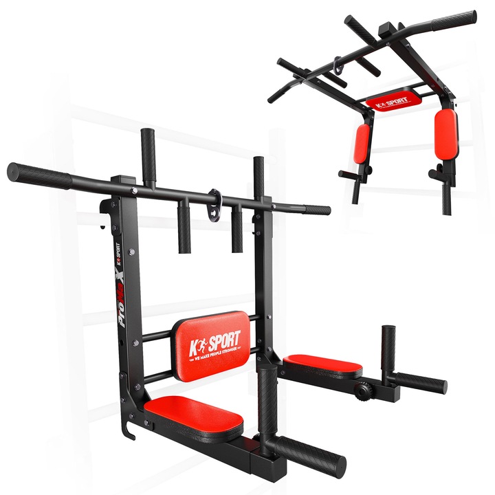 Bara De Tractiuni Multifunctionala, K-SPORT, KSSL080/3, Otel, Montare Pe Perete, 3 In 1 Tractiuni, Abdomene, Flotari, Spuma Anti Alunecare Pe Manere, Ideal Pentru Antrenamente Acasa, Capacitate Maxima 200 kg, 100 x 59 x 16 cm, 8 kg, Negru/Rosu