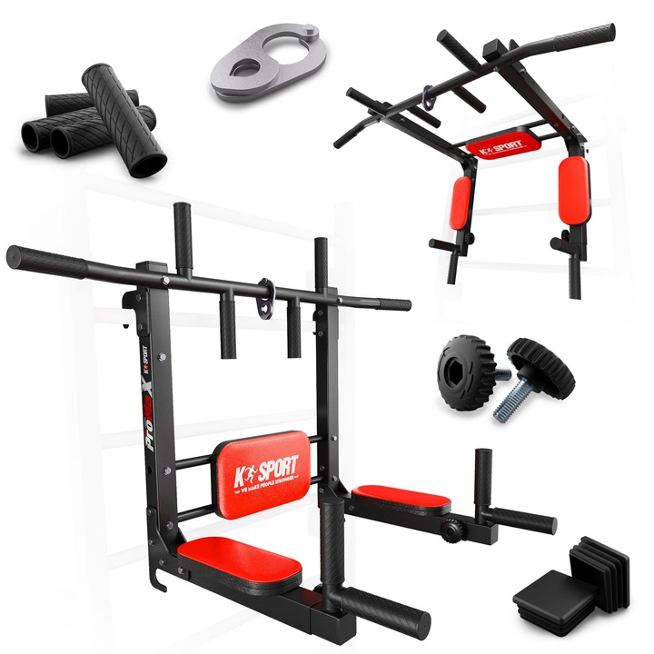 Bara De Tractiuni Multifunctionala, K-SPORT, KSSL080/3, Otel, Montare Pe Perete, 3 In 1 Tractiuni, Abdomene, Flotari, Spuma Anti Alunecare Pe Manere, Ideal Pentru Antrenamente Acasa, Capacitate Maxima 200 kg, 100 x 59 x 16 cm, 8 kg, Negru/Rosu