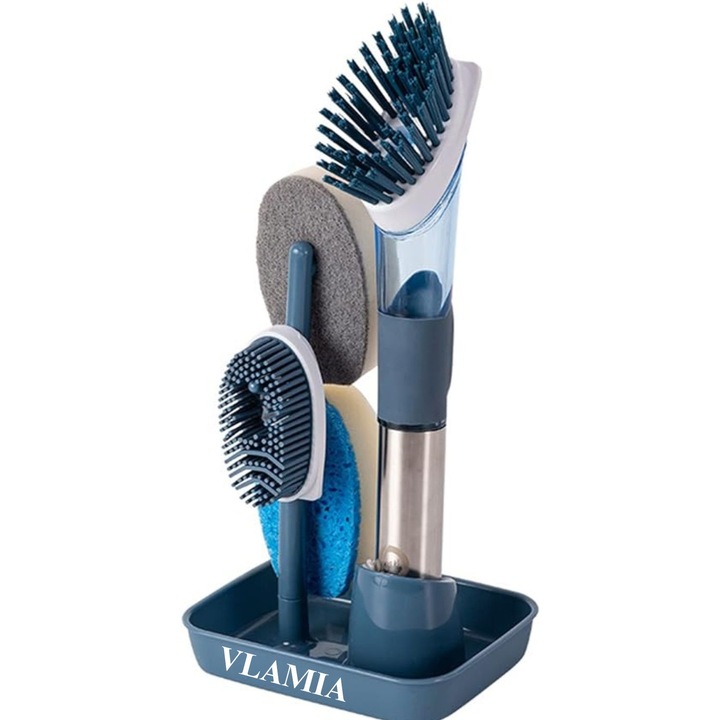 Perie pentru vase 4 in 1, VLAMIA, de inalta calitate, cu dozator de detergent si Suport de Depozitare, Albastru