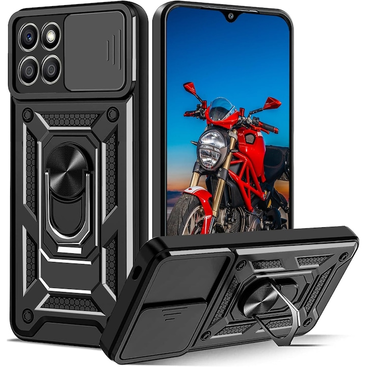 Husa pentru Honor 70 Lite, Honor X6, Honor X8 5G cu inel Ring Armor Kickstand Aiyando cu protectie camera, negru